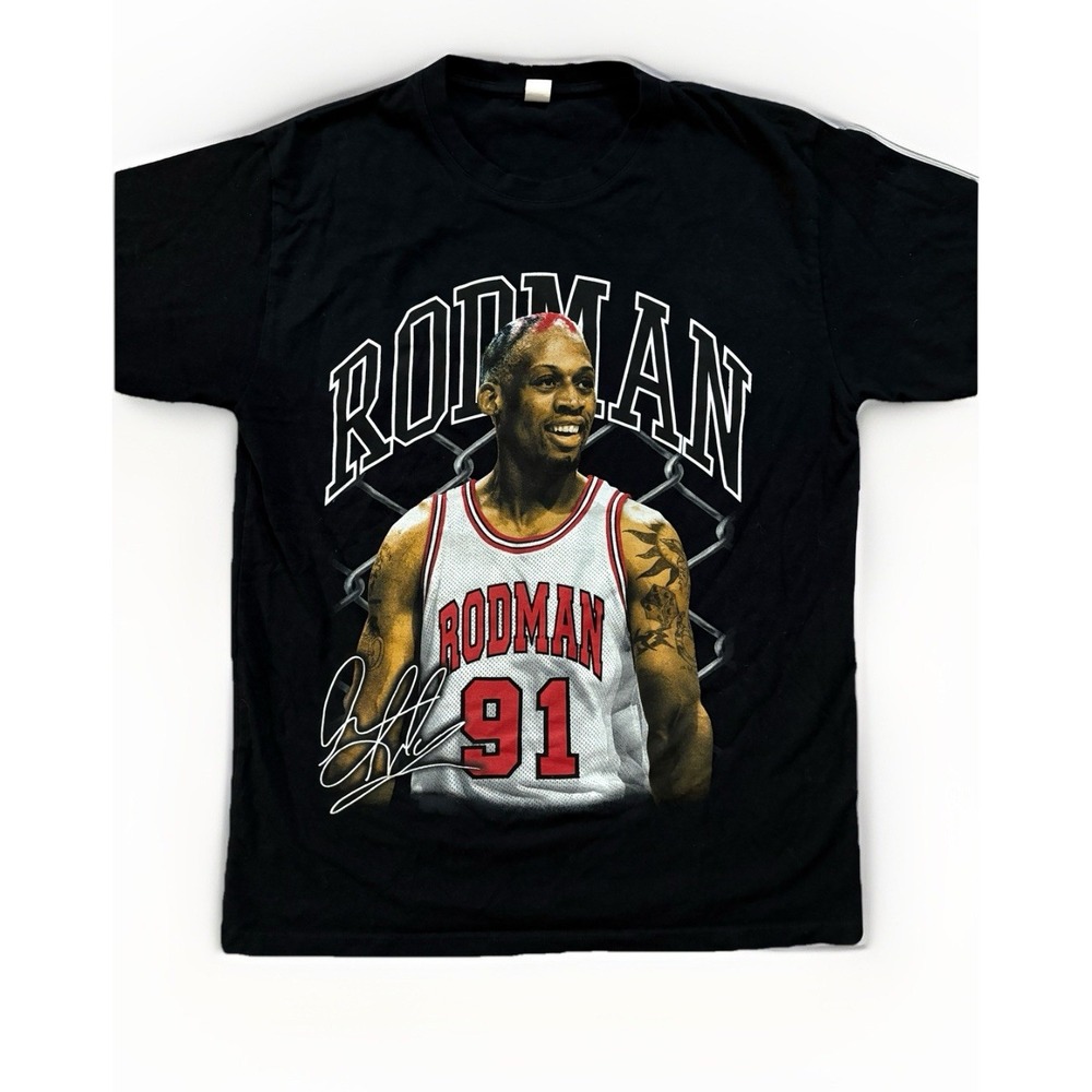 DENNIS RODMAN 91‎ BULLS  T SHIRT  Men's Med Graphic Tee Autograph Print